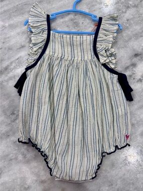 Pink Chicken Blue & White Striped Ruffle Romper